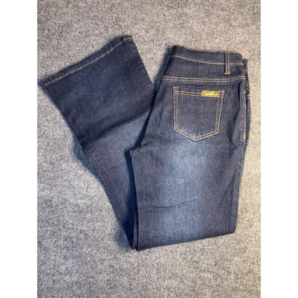 DG2 by Diane Gilman Flared Jeans Women's‎ 8 Blue Denim Dark Wash Contrast Stitch